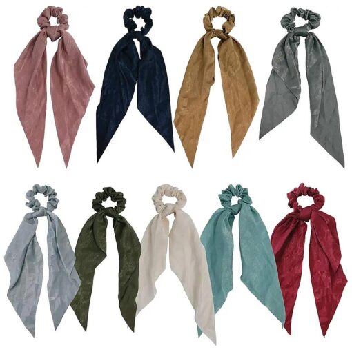 9 Pieces Hair Scrunchies Bowknot Satin Chiffon Long Tail Elastics Ribbon Ear Bow Pattern Colors Scrunchy Scarf Scrunchie Vintage Ponytail Holder Ties Bands Accessories for Women ( longtail9p )