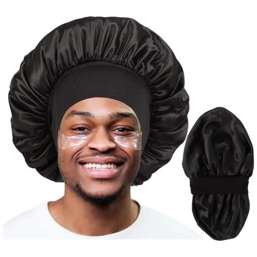 Bonnet for Men, Hair Bonnet for Sleeping, Double Layer Satin Bonnets for Black Women Curly Hair Braids, Reversible Sleep Cap ( Large, Black/Black )