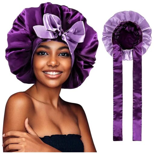 Satin Bonnet - Silk Bonnet Hair Bonnet for Sleeping Double Layer Large Satin Hair Wrap with Tie Band Night Cap for Women Purple