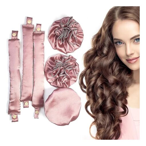 Satin Heatless Hair Curler 3Sets/6PCS, Pillow Soft Rollers with Hair Caps, Soft Heatless Curling Rod Headband for All Hair Types, No Heat Curlers to Sleep In ( 3Sets-Pink )