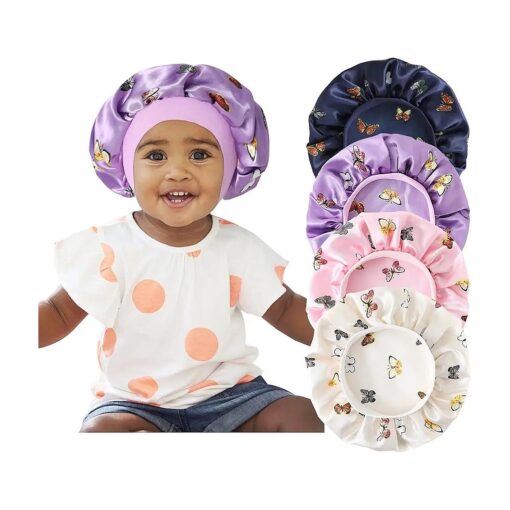 4 Pcs Silk Bonnet for Sleeping Kids Bonnets for Girls Baby Satin Shower Cap Hair Wraps for Curly Natural Hair Elastic Wide Band, Butterfly