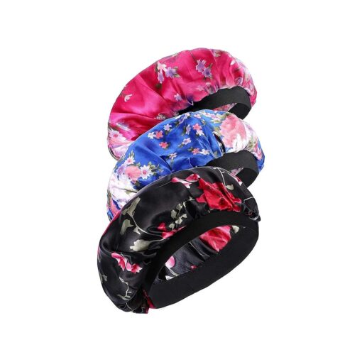 Onwon 3 PCS Satin Bonnets Night Sleep Caps Wide Band Salon Cap Soft Satin Sleeping Silk Night Sleep Hat Hair Loss Cap Sleeping Head Cover