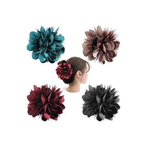 Cinaci 4 Pack Big Large Satin Rose Floral Flower Plastic Hair Claws Clips Bow Barrettes Clamps Bun Chignon Updo Holders Hair Accessories for Women Girls