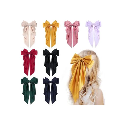 8Pcs Big Satin Layered Hair Bows for Women Girls 8 Inch Barrette Hair Clip Long Black Ribbon Bows French Style Hair Accessories ( Big bow style )