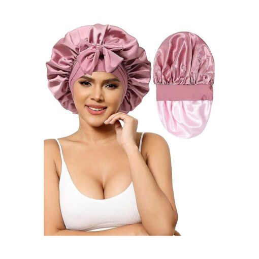 Satin Bonnet for Women Silk Bonnets for Sleeping Curly Hair Bonnet with Tie Band Double Layer Sleep Cap Hair Wrap