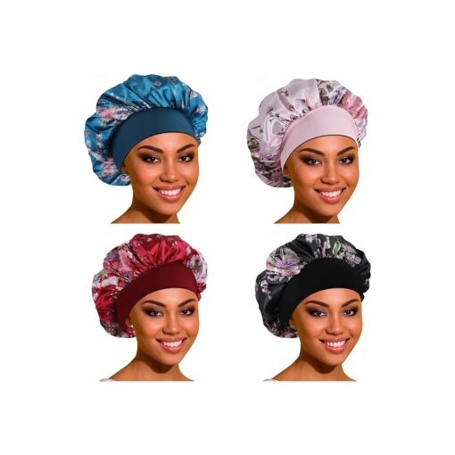 Satin Bonnet Hair Bonnet for Sleeping- 4 Pack Large Silk Bonnets for Black Women with Elastic Soft Band for Hair Care