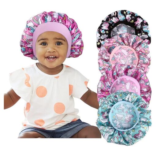 4 Pcs Silk Bonnet for Sleeping Kids Bonnets for Girls Baby Satin Sleep Cap Hair Wraps for Curly Natural Hair Elastic Wide Band