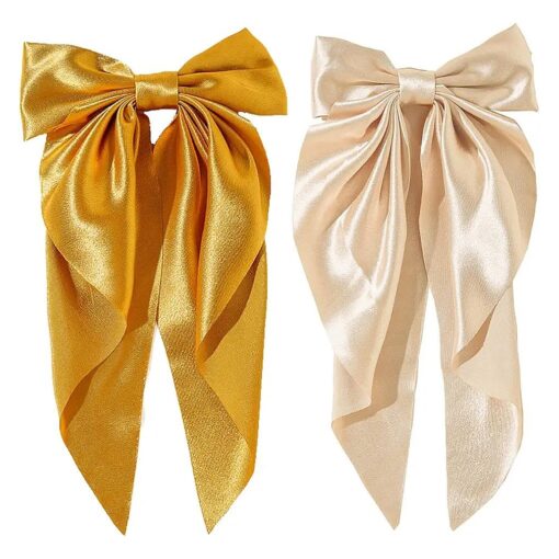 2Pcs Super Big Bow Hair Clips French Style Soild Color Knotted Bowknot Spring Snap Barrettes Hair Clips with Long Ribbon for Women Girls ( Champagne+Gold )