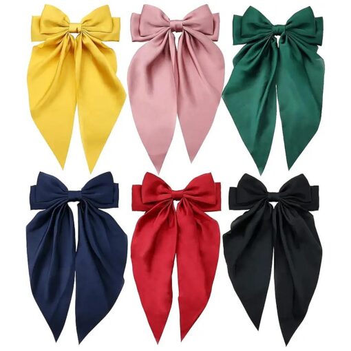 Lawie 6 Pack Satin Large Hair Bows Big Oversized Giant Bow Hair Clips French Barrettes with Long Silky Ribbon Bowknot Bun Ponytail Holder Accessories for Women Lady Girl