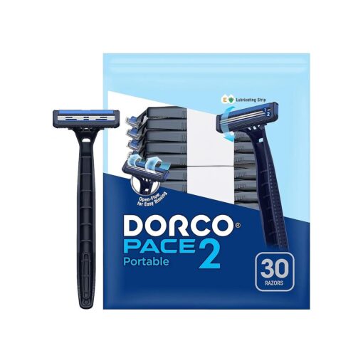 Dorco Pace 2 Plus Disposable Razor 2 blades Pivoting Head Open-Flow for Easy Rinsing with Lubricating Strip and Long Non-Slip Rubber Handle ( 30 ct No Rubber Handle )