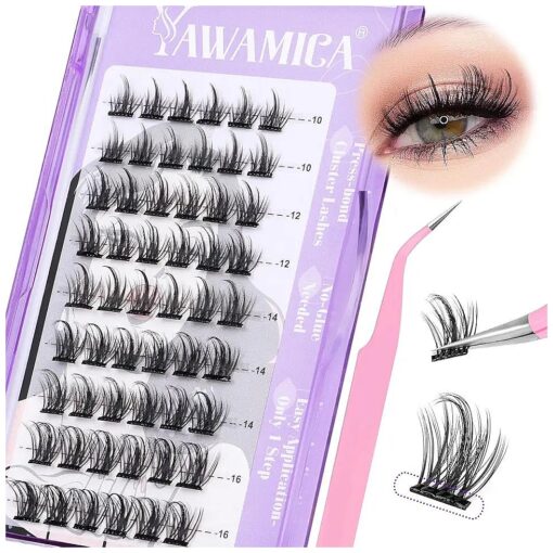 Self Adhesive Eyelashes Reusable Self Sticking Lash Clusters Press on Lashes No Glue Lash Extension Kit Pre Glue Lashes Spiky 10-16mm with Lash Tweezers DIY Lash Kit by Yawamica