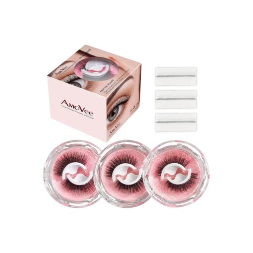 AmoVee Self Adhesive Eyelashes, Eyelashes Fluffy Natural Look No Glue Needed, Reusable False Lashes Easy put on ( Pack of 3 Pairs )