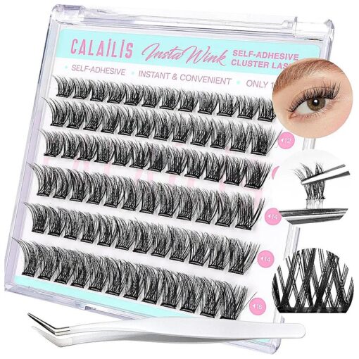 CALAILIS Self Adhesive Eyelashes 72Pcs D Curl Press on DIY CLuster lashes No Glue Needed Wispy Lash Clusters Pre Glued Reusable Glueless Eyelash Clusters Kit with Tweezers for Beginners ( ZBP10 )