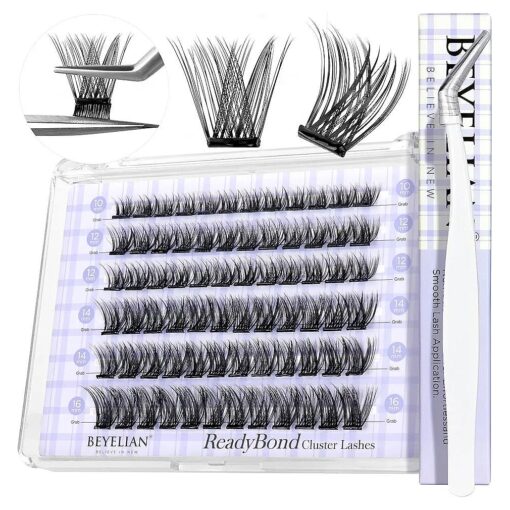 BEYELIAN Self Adhesive Cluster Lashes, No Glue No Remover Needed Press On Lashes, 72 Pcs D+ Curl Self Stick Eyelashes, 1 Step DIY Lash Easy to Apply at Home ( Z10,10-16mm )