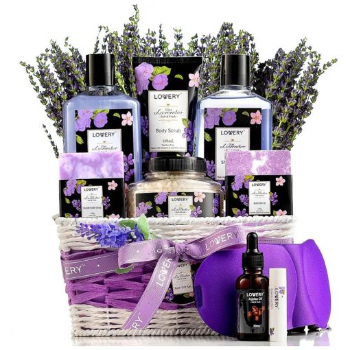 Fathers Day Gifts, Lavender & Lilac Spa Gift Basket For Women & Men - Handmade Soap, Potpourri, Bath Bomb, Jojoba Oil, Organic Lip Balm & More - Stress Relief Set, Bath & Body Self Care Package