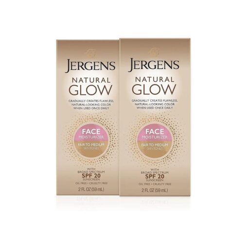 Jergens Natural Glow Face Self Tanner Lotion, SPF 20 Sunless Tanning, Fair to Medium Skin Tone, Daily Facial Sunscreen, Oil Free, Broad Spectrum Protection, 2 Fl Oz ( Pack of 2 ) ( Packaging May Vary )