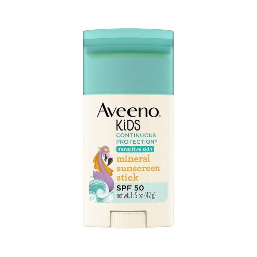 Aveeno Kids Continuous Protection Zinc Oxide Mineral Sunscreen Stick for Sensitive Skin, Face & Body Sunscreen Stick for Kids with Broad Spectrum SPF 50, Sweat- & Water-Resistant, 1.5 oz