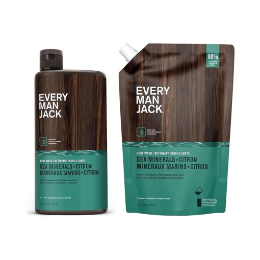 Every Man Jack Sea Minerals + Citron Mens Body Wash Refill Starter Pouch - Naturally Derived Ingredients - Paraben Free, Phthalate Free, Dye Free ( 1-36oz pouch, 1-24oz bottle )