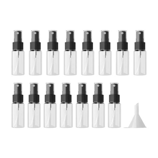 longway 15 PCS Spray Bottles, 0.5oz/15ml Transparent Empty Fine Mist Spray Bottle Dispenser with Cap, Small Refillable Liquid Containers with 1pcs Funnel and 18pcs Labels