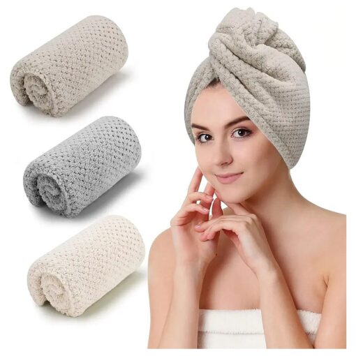 3 PCS Microfiber Hair Towel, Hair Wraps for Women Wet Hair, Fast Drying Hair Turban, Anti Frizz Head Towels Wrap for Curly Hair ( Beige, Khaki, Grey )