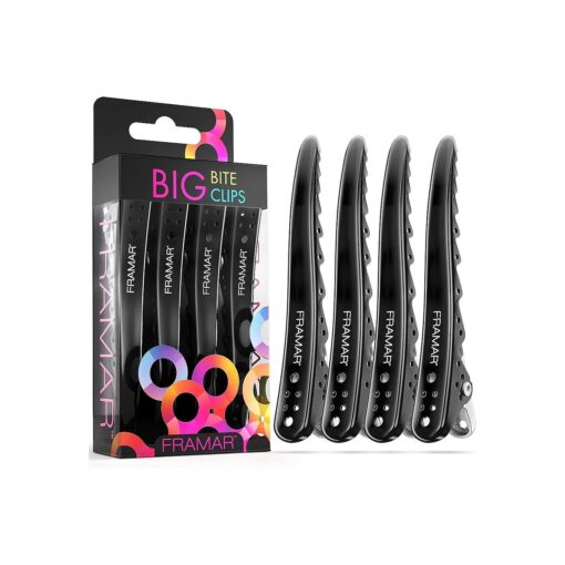 Framar Black Big Bite Clips - Set of 4 Professional Hair Clips - Hair Clips for Styling, Clips for Hair, Metal hair Clips - Extra Grip & Durable