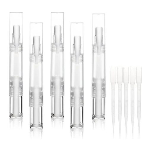 5 pack 5ml Transparent Twist Pen for Cuticle Oil Applicator, Empty Nail Oil Pen with Brush Tip, Eyelash Growth Liquid Tube, Cosmetic Lip Gloss Container ( 5x )