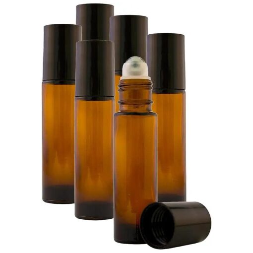 6 Pack - Empty Roll on Glass Bottles [ STAINLESS STEEL ROLLER ] 10ml Refillable Color Roll On for Fragrance Essential Oil - Amber Color