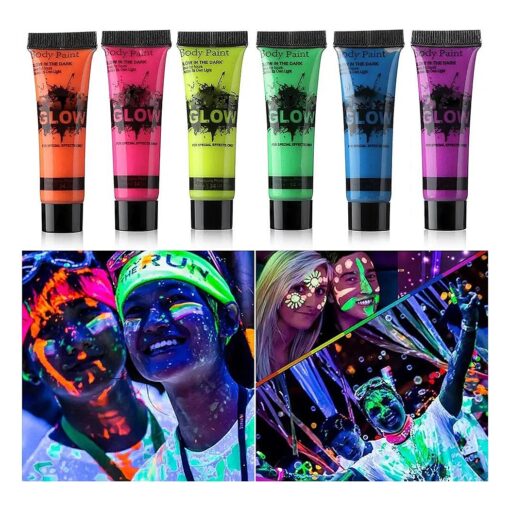 GARYOB Glow in Dark Face Body Paint UV Blacklight Neon Fluorescent 0.34oz Set of 6 Tubes