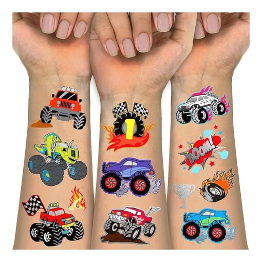 Temporary Tattoos for Kids, 75 Pcs Truck Tattoos for Birthday Party Favor- Groovy Silver Styles Fake Tattoos | Monster Truck, Car Racing, Checkered Flag, Flames Tattoo for 5 6 7 8 Years Boys Girls