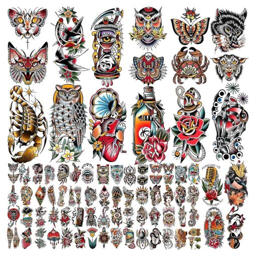 Yazhiji 77sheets Waterproof Fake Tattoo for Men or Women 17sheets Larger Half Arm Owl Peony Butterfly Snake Temporary Tattoos for Boy or Girl And 60 sheets Tiny Flower Tattoo Sticker for Kids