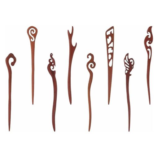 Lawie 8 Pack Vintage Retro Handmade Ancient Chinese Brown Wood Chopsticks Hair Pins Picks Wooden Sandalwood Carved Hollow Long Horn Fork Pen Hairpins Sticks Clips Barrettes for Bun Chignon Hair Bulk