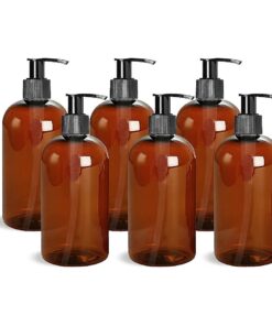 ljdeals 16 oz Amber Plastic Bottle with Black Lotion Pump, Refillable Containers for Shampoo, Lotions, Cream and More, Pack of 6, BPA Free, Made in USA