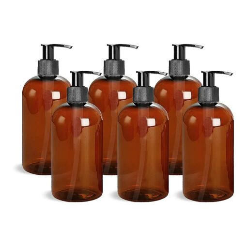 ljdeals 16 oz Amber Plastic Bottle with Black Lotion Pump, Refillable Containers for Shampoo, Lotions, Cream and More, Pack of 6, BPA Free, Made in USA