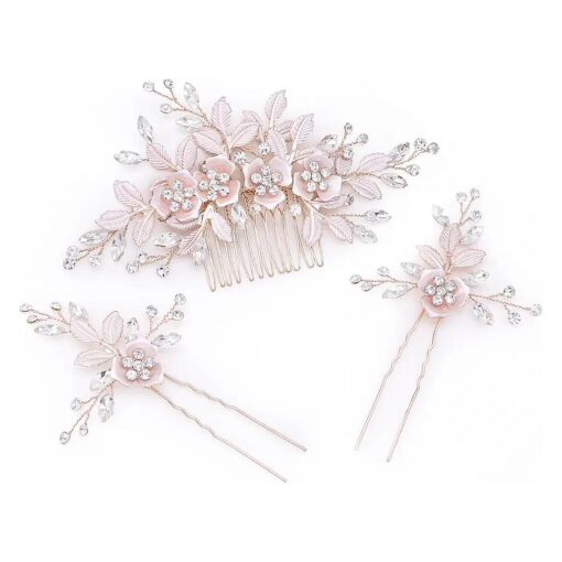 Wedding Side Combs Handmade Bridal Hair Pins Set Rhinestone Bridal Comb Flower Clip Head Pieces for Women Set of 3 Rose Gold