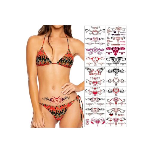 Sexy Navel Temporary Tattoos 20 Sheets Large Black Red Lace Abdomen Waist Waterproof Tattoo Stickers for Women Girl Fake Body Tattoos