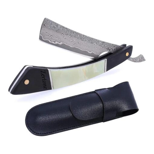 Zertone Damascus Straight Razor with VG10 Steel Blade -Straight Razors for Men with Ebony and Acrylic Scale - Barber Straight Edge Razor ( Black )