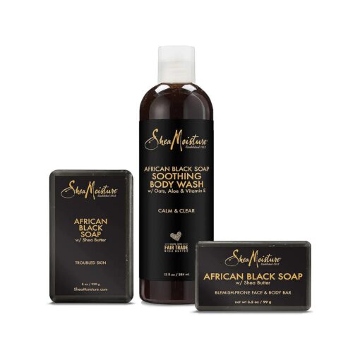 SheaMoisture Bath Face Skin care Kit Body Cleanser for Dull Skin African Black Soap Made with Fair Trade Shea Butter, Aloe Vera, 3 Count