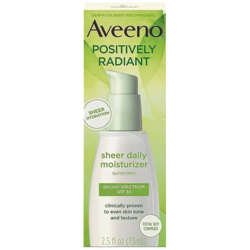 Aveeno Positively Radiant Sheer Daily Moisturizing Lotion for Dry Skin with Total Soy Complex and SPF 30 Sunscreen, Oil-Free and Non-Comedogenic, 2.5 fl, oz