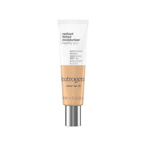 Neutrogena Healthy Skin Radiant Tinted Facial Moisturizer with Broad Spectrum SPF 30 Sunscreen Vitamins A, C, & E, Lightweight, Sheer, & Oil-Free Coverage, Sheer Fair 20, 1.1 fl, oz