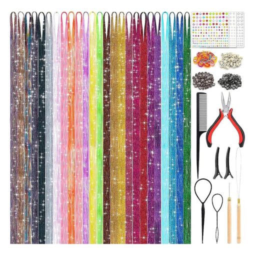 25 Colors Fairy Hair Tinsel Kit 5000 Hair Glitter Strands 48 Inch Heat Resistant Tinsel Hair Extensions Sparkling Shiny Highlights Hair Tinsel with Tools for Christmas Halloween New Year Cosplay Party