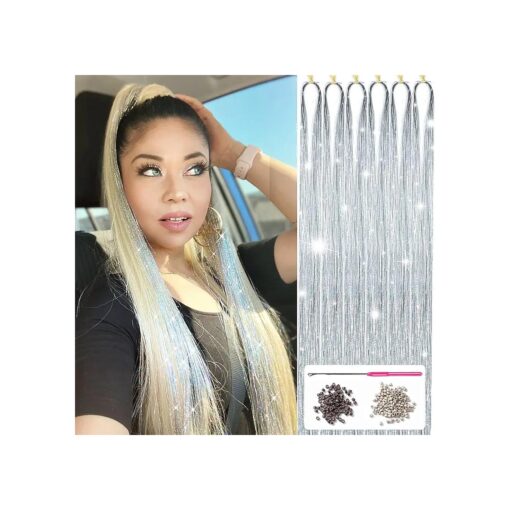 Hair Tinsel Kit with Tools 6Pcs 1200 Strands Silver Hair Tinsel Heat Resistant Fairy Hair Tinsel Kit, Sparkling Glitter Tinsel Hair Extensions Hair Tensile for Women Girls Kids ( Silver )