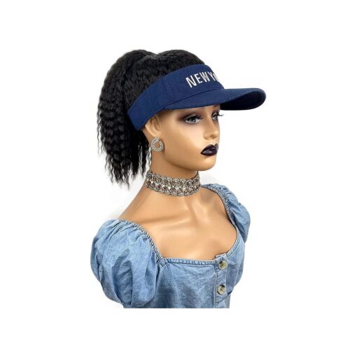 Short Afro Kinky High Ponytail Hat Wig for Black Women, Navy Blue Baseball Cap with Hair Attached Synthetic Fibers Yaki Hair with Hat Ponytail Wig for Women ( Navy Blue, LD0315 )