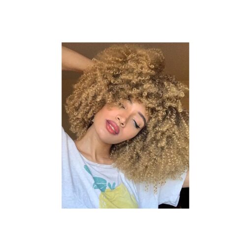 KEAT Short Afro Curly Wigs for Black Women, Brown Blonde Kinky Curly Fluffy Hair Wig with Bangs, Cute Fashion Natural Looking Heat Resistant Full Synthetic Wig for Daily Party K011BR