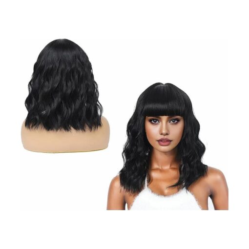 Short Wig with Bangs for Women Synthetic Black Curly Bob Wig Wear and Go Glueless Wigs Shoulder Length Wigs Natural Looking Heat Resistant Fiber Wig for Daily Party Cosplay Use