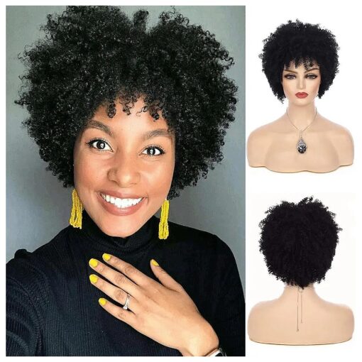 Sallcks Short Black Kinky Afro Wig for Black Women Short Curly Afro Wigs Natural Synthetic Curly Cosplay Costume Wigs with Wig Cap