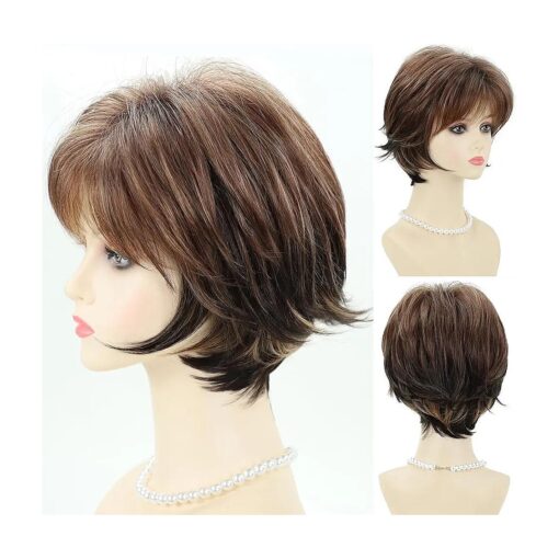 SEVENCOLORS Short Mixed Brown Wigs with Dark Roots Natural Layered Blonde Highlights Wigs for Women Full Synthetic Hair Short Wigs