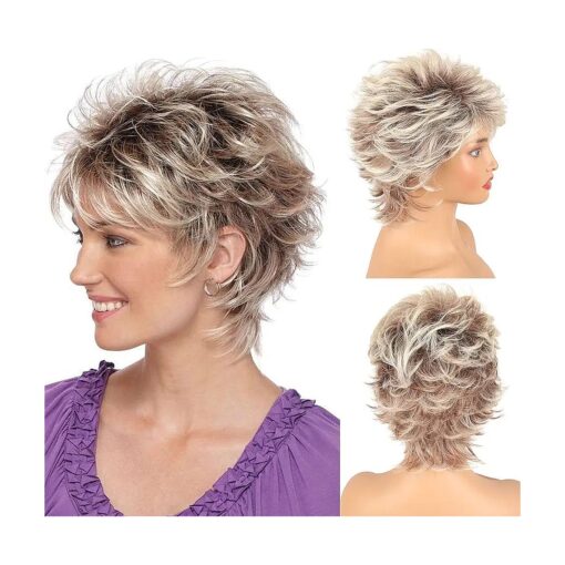 LEOSA Short Blonde Pixie Cut Wigs with Bangs for White Women, Brown Ombre Blonde Wig Synthetic Wavy Curly Hair Wigs Mixed Brown Wigs Layered Natural Fluffy Heat Resistant