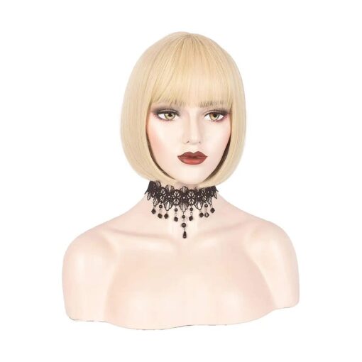 Short Blonde Wig with Bangs Blonde Bob Wig for Women Synthetic Hair Wig for White Black Women Natural As Real Hair Daily use Halloween Cosplay 11 Inches