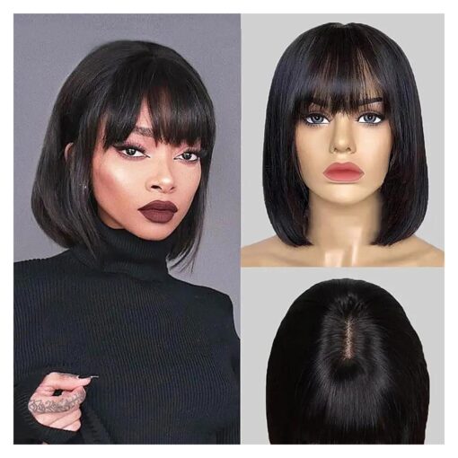 Bob Wig With Bangs Human Hair 180 % Density Glueless Short Bob Wigs For Women Upgraded Machine Made Middle Part 3x1 Lace Wig ( 10inch, Bob With Bangs )