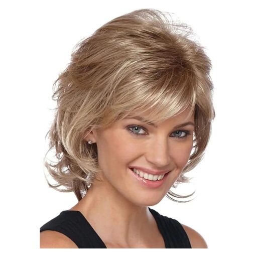 RENERSHOW Short Brown Curly Wigs for Women Mixed Brown Highlight Wavy Synthetic Wig with Bangs Rose Blonde Short Hair Wig